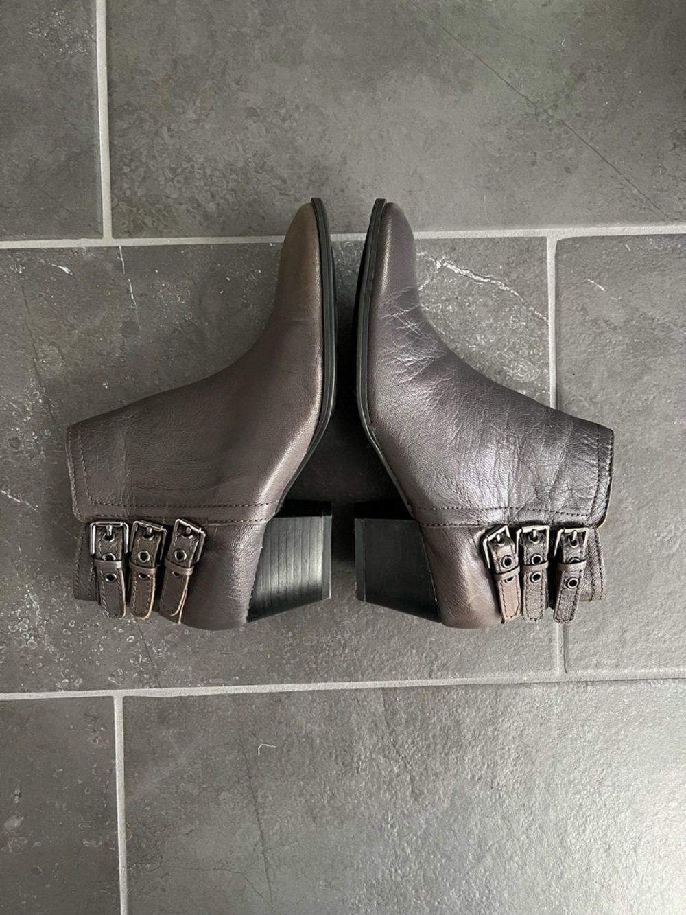 Franco Sarto Women’s gray Leather Ankle Boots with Buckle Detail